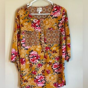 Anthropologie Fig and Flower Mustard Floral Blouse NWOT